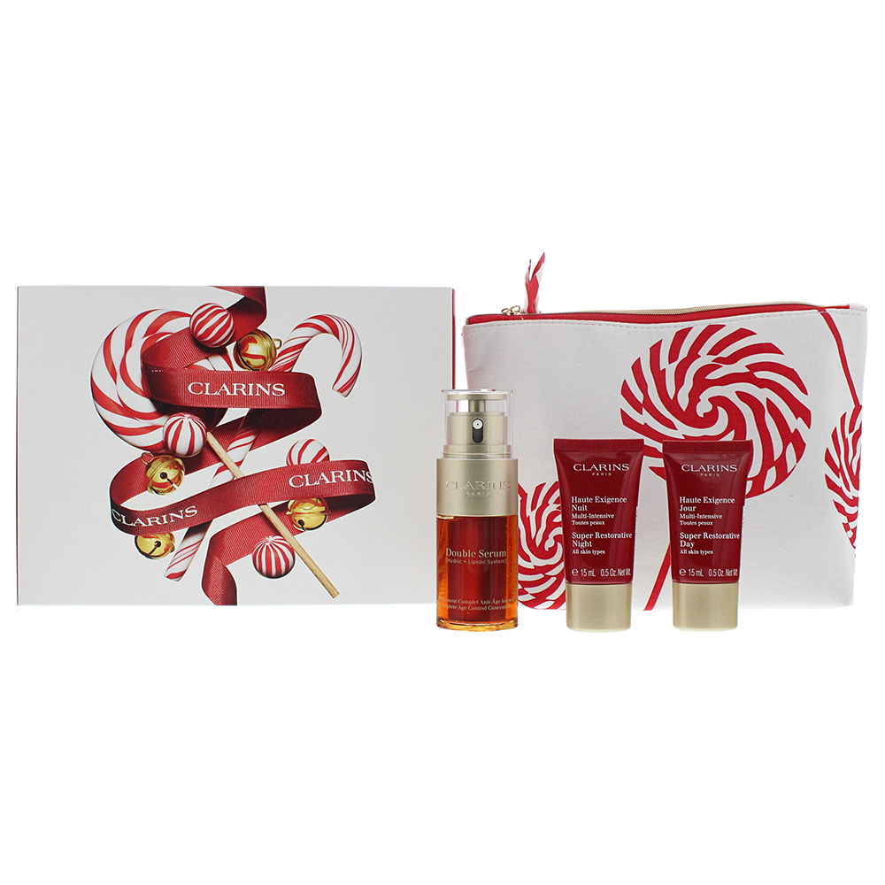 Clarins Double Serum 4 Piece Gift Set: Double Serum 30ml - Super Restorative Day Cream 15ml - Super Restorative Night Cream 15ml - Pouch 1 Clarins Double Serum 4 Piece Gift Set: Double Serum 30ml - Super Restorative Day Cream 15ml - Super Restorative Night Cream 15ml - Pouch