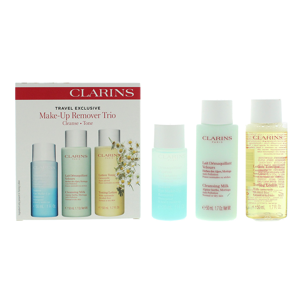 Clarins 3 Piece Gift Set: Eye Make-Up Remover 30ml - Cleansing Milk 50ml - Toning Lotion 50ml for Normal to Dry Skin 1 Clarins 3 Piece Gift Set: Eye Make-Up Remover 30ml - Cleansing Milk 50ml - Toning Lotion 50ml for Normal to Dry Skin