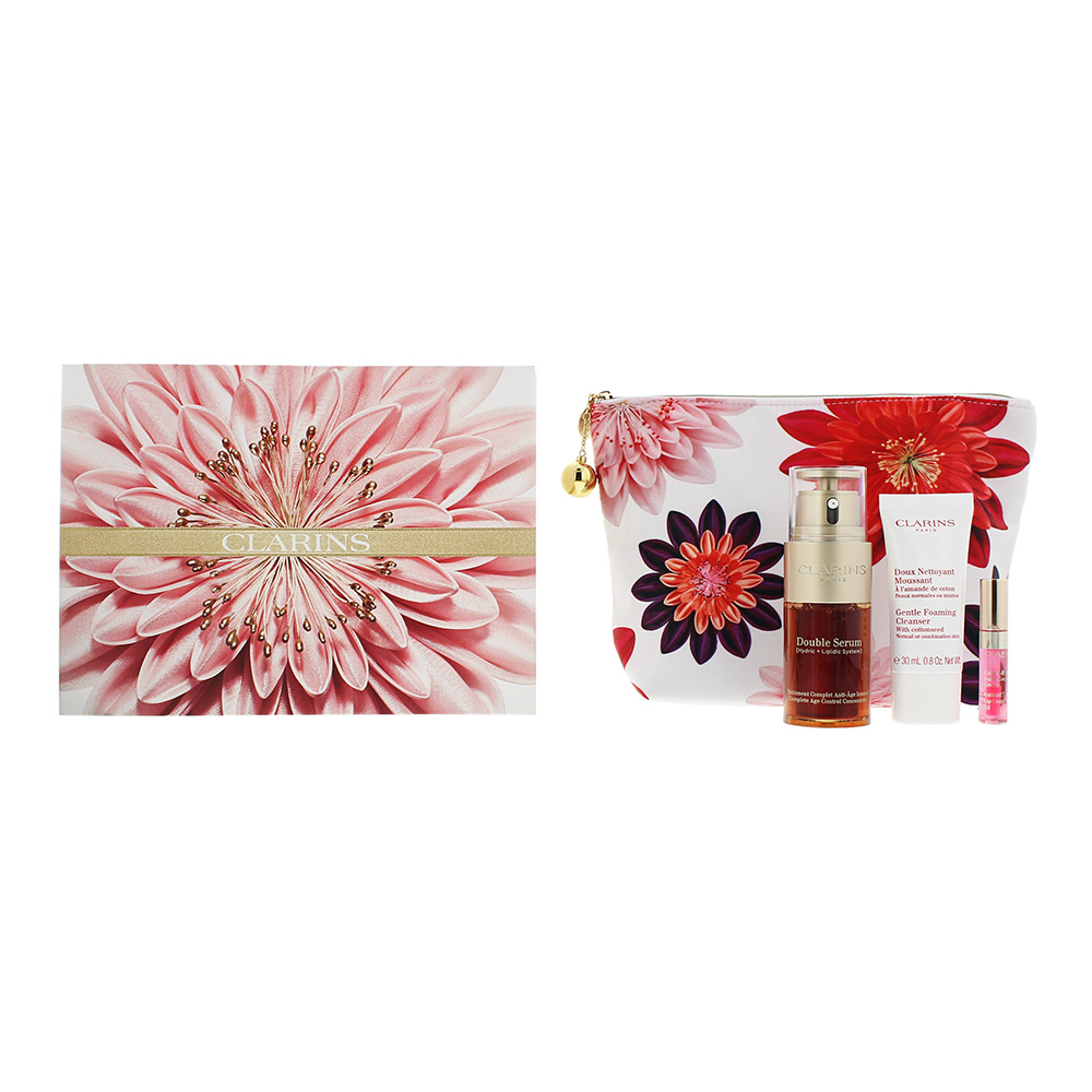 Clarins 4 Piece Gift Set: Double Serum 30ml - Gentle Foaming Cleanser 30ml - 04 Candy Lip Comfort Oil 2 Clarins 4 Piece Gift Set: Double Serum 30ml - Gentle Foaming Cleanser 30ml - 04 Candy Lip Comfort Oil 2.8ml - Pouch